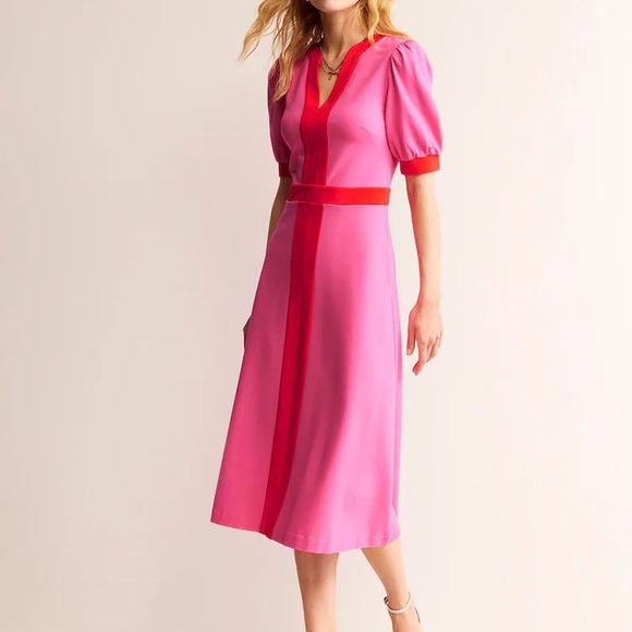 BODEN Petra Puff Sleeve Ponte Midi Dress Sangria Sunset Pink & Red Colorblock - Picture 3 of 15